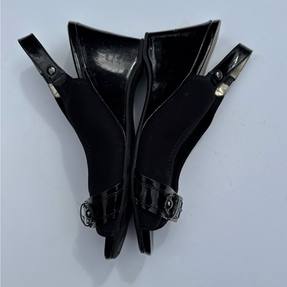 Anne Kline SZ 8.5M Slingback buckle Patent Leather Wedge Black Peep Open Toe - Picture 11 of 12